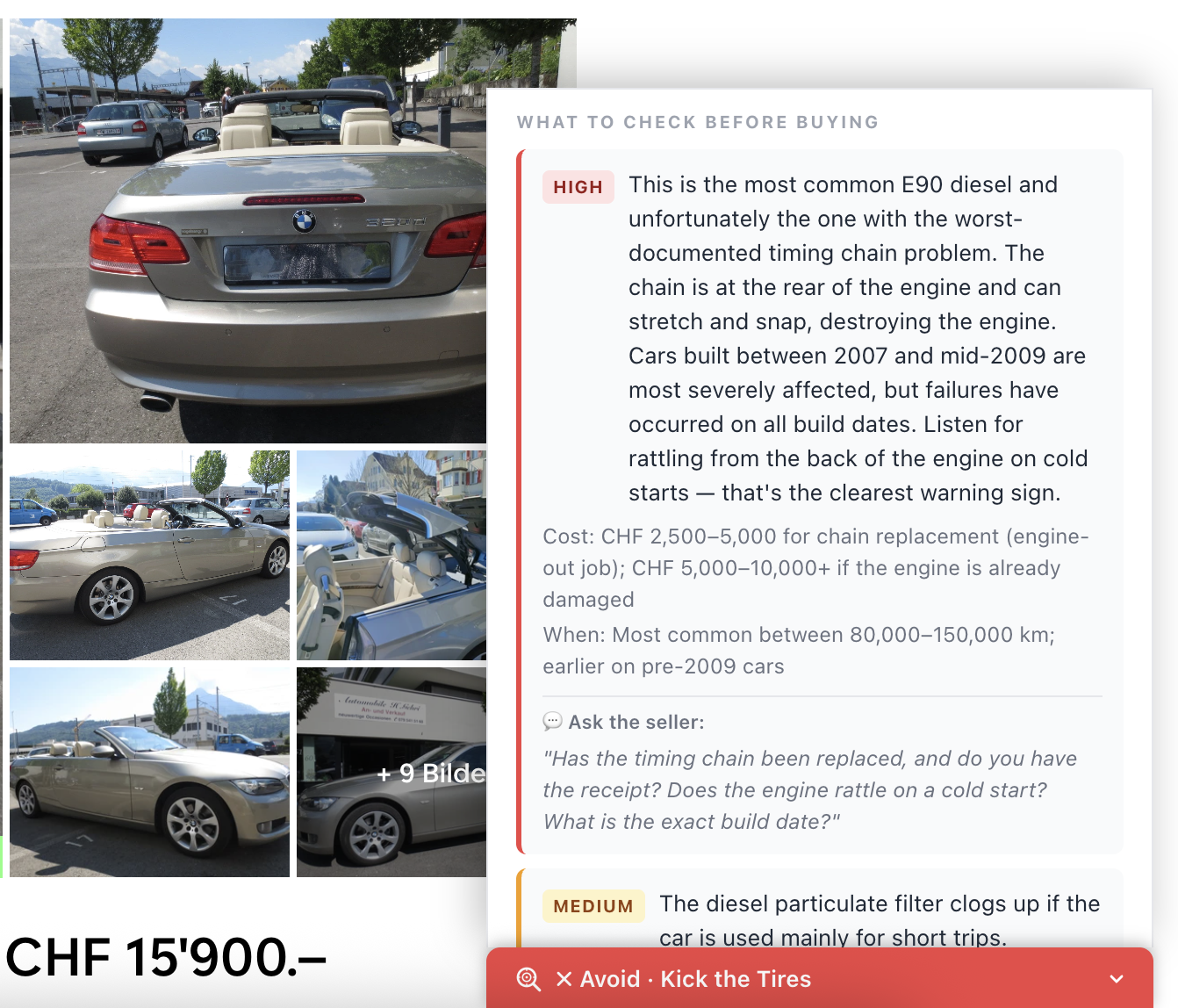 AutoScout24 car detail page showing the Kick the Tires panel with reliability ratings, known issues, repair costs, and questions to ask the seller