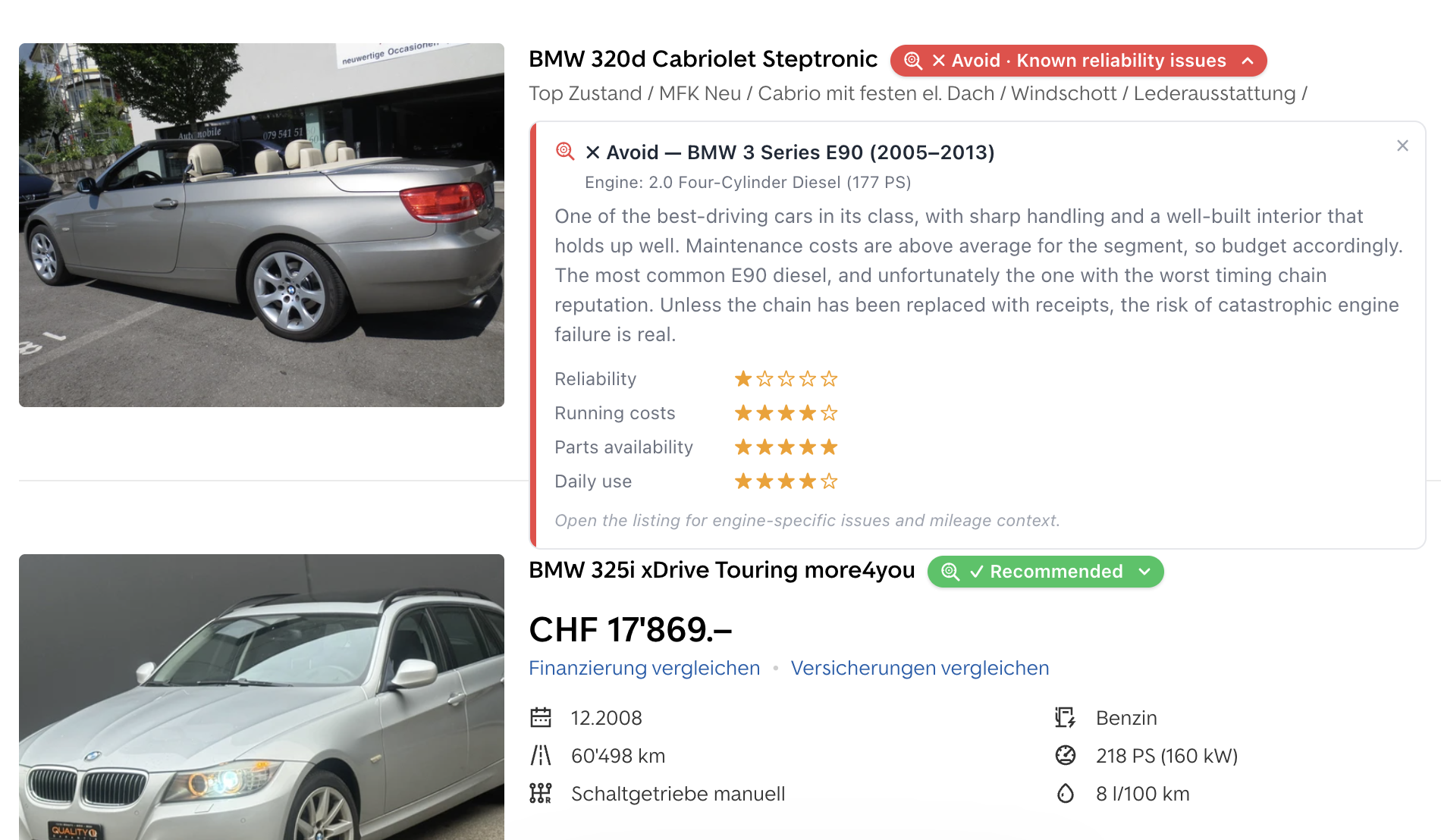 AutoScout24 search results with Kick the Tires verdict badges showing Recommended, Caution, and Avoid labels on each listing